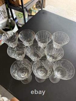 Set of 10 Vintage Cut Crystal Wine Goblets, Ribbon Bow Etched Pattern