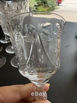 Set of 10 Vintage Cut Crystal Wine Goblets, Ribbon Bow Etched Pattern