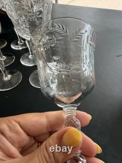 Set of 10 Vintage Cut Crystal Wine Goblets, Ribbon Bow Etched Pattern