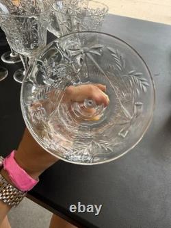 Set of 10 Vintage Cut Crystal Wine Goblets, Ribbon Bow Etched Pattern