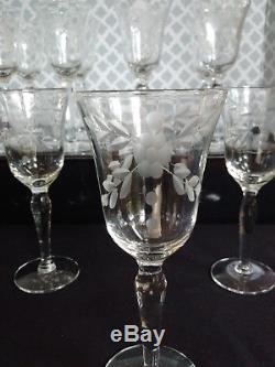 Set of 12 Optic Gray Cut Floral Crystal Dessert Wine Glasses Vintage 1950s/60s