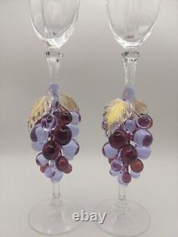 Set of 2 Vintage Murano Art Glass Champagne Flutes Glasses Purple Grapes Gold