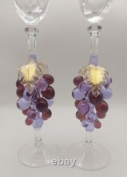 Set of 2 Vintage Murano Art Glass Champagne Flutes Glasses Purple Grapes Gold