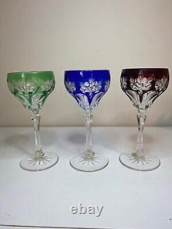 Set of 3, Vintage 7 Tall, Bohemian Crystal Wine Glasses (Green, Blue, Red)