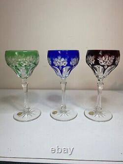 Set of 3, Vintage 7 Tall, Bohemian Crystal Wine Glasses (Green, Blue, Red)