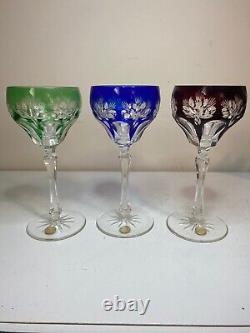 Set of 3, Vintage 7 Tall, Bohemian Crystal Wine Glasses (Green, Blue, Red)