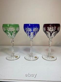 Set of 3, Vintage 7 Tall, Bohemian Crystal Wine Glasses (Green, Blue, Red)