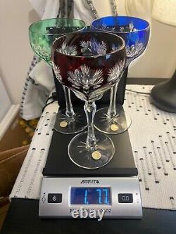 Set of 3, Vintage 7 Tall, Bohemian Crystal Wine Glasses (Green, Blue, Red)
