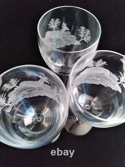 Set of 3 Vintage Crystal Wine Glasses Engraved Different Wildlife Hunting Scenes