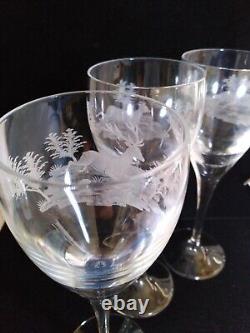 Set of 3 Vintage Crystal Wine Glasses Engraved Different Wildlife Hunting Scenes