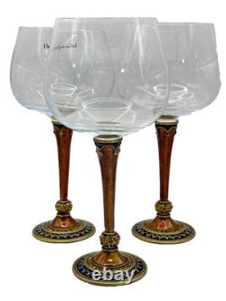 Set of 3 Vintage Jeweled Heavy Wine Glasses Hand Painted High Quality