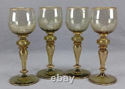 Set of 4 Antique German Bohemian Engraved & Gilt Grapevine Hock Wine Glasses