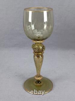 Set of 4 Antique German Bohemian Engraved & Gilt Grapevine Hock Wine Glasses