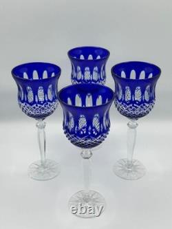 Set of 4 Cobalt Blue Cut Crystal Wine Glasses Elegant Stemware 9