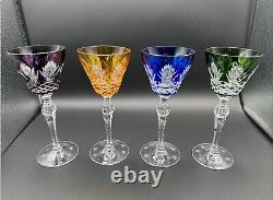 Set of 4 Colorful BOHEMIAN CZECH CRYSTAL Vtg Wine Glasses, Color Cut to Clear
