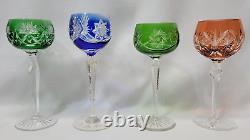 Set of 4 Hand Cut Bohemian Czech Crystal Multi Coloured Long Stem Wine Glasses