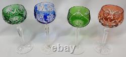 Set of 4 Hand Cut Bohemian Czech Crystal Multi Coloured Long Stem Wine Glasses