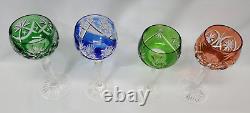Set of 4 Hand Cut Bohemian Czech Crystal Multi Coloured Long Stem Wine Glasses
