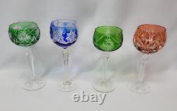 Set of 4 Hand Cut Bohemian Czech Crystal Multi Coloured Long Stem Wine Glasses