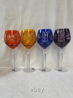 Set of 4 Red, Yellow, Blue, Purple MaRika Cut Crystal Wine Glasses 8.75 Tall