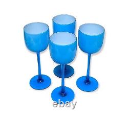 Set of 4 Tall Carlo Moretti Blue & White Cased Stem Wine Glasses 9 3/8 Vintage