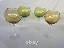 Set of 4 VTG 1970s Tall Handblown Green & Ambar Wine Glasses withClear Stem