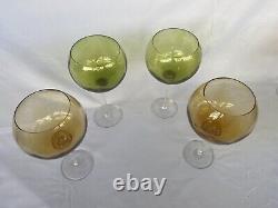 Set of 4 VTG 1970s Tall Handblown Green & Ambar Wine Glasses withClear Stem