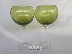 Set of 4 VTG 1970s Tall Handblown Green & Ambar Wine Glasses withClear Stem