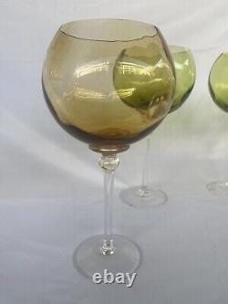 Set of 4 VTG 1970s Tall Handblown Green & Ambar Wine Glasses withClear Stem
