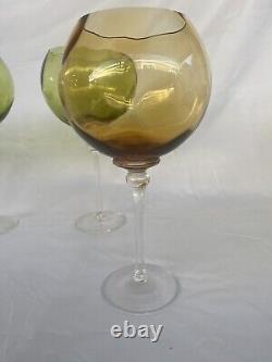 Set of 4 VTG 1970s Tall Handblown Green & Ambar Wine Glasses withClear Stem