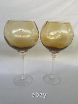 Set of 4 VTG 1970s Tall Handblown Green & Ambar Wine Glasses withClear Stem