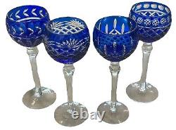 Set of 4 VTG Bohemian Czech CUT TO CLEAR Crystal Wine Glasses Cobalt Blue EUC