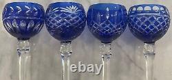 Set of 4 VTG Bohemian Czech CUT TO CLEAR Crystal Wine Glasses Cobalt Blue EUC