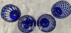 Set of 4 VTG Bohemian Czech CUT TO CLEAR Crystal Wine Glasses Cobalt Blue EUC
