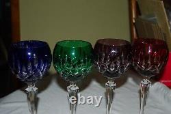 Set of 4 Vintage Bohemian Cut to Clear Multicolored 8 Wine Goblets