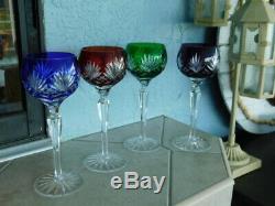 Set of 4 tall Vintage Bohemian Czech Cut Crystal multi color Wine Glass Goblets