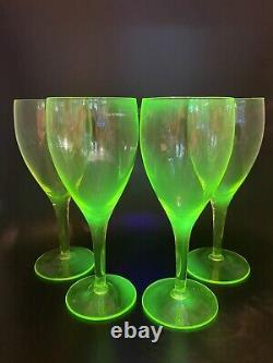 Set of 4 vintage Vaseline Uranium Glass 3 oz Cordial Wine Stems Goblets Glasses