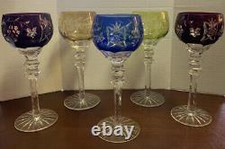 Set of 5 Czech Hock Crystal Long Stem Wine Goblets, Vintage Etched Glasses