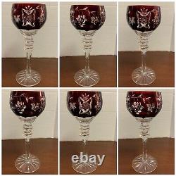 Set of 5 Czech Hock Crystal Long Stem Wine Goblets, Vintage Etched Glasses