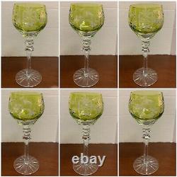 Set of 5 Czech Hock Crystal Long Stem Wine Goblets, Vintage Etched Glasses