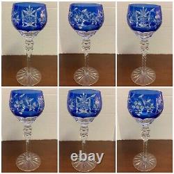 Set of 5 Czech Hock Crystal Long Stem Wine Goblets, Vintage Etched Glasses