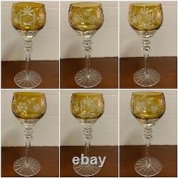 Set of 5 Czech Hock Crystal Long Stem Wine Goblets, Vintage Etched Glasses