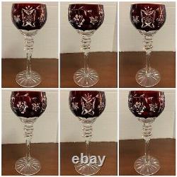 Set of 5 Czech Hock Crystal Long Stem Wine Goblets, Vintage Etched Glasses