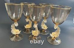 Set of 5 Exquisite Blown Italian Venetian Murano Glass Fish Tall Wine Goblets