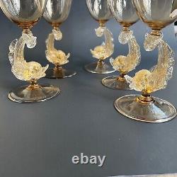 Set of 5 Exquisite Blown Italian Venetian Murano Glass Fish Tall Wine Goblets