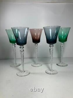 Set of 5 Vintage Jewel Tone Bohemian Crystal Air Twist Tall Glass Wine Glasses