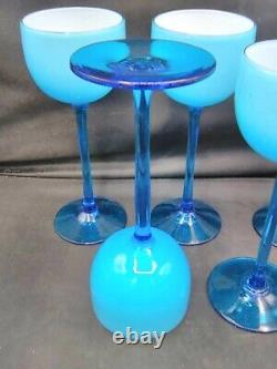 Set of 5 Vintage MCM Carlo Moretti Blue White Cased Stem Wine Glasses 6.5