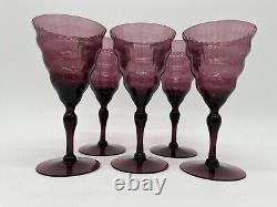 Set of 5 Vintage Utility Glass Works Cambodia Ware Amethyst Water/Wine Glasses