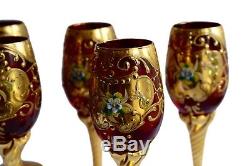 Set of 5 Vintage Venetian Murano Gold & Ruby Red Venetian Wine Glass Goblets