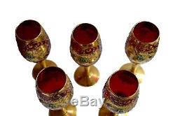 Set of 5 Vintage Venetian Murano Gold & Ruby Red Venetian Wine Glass Goblets